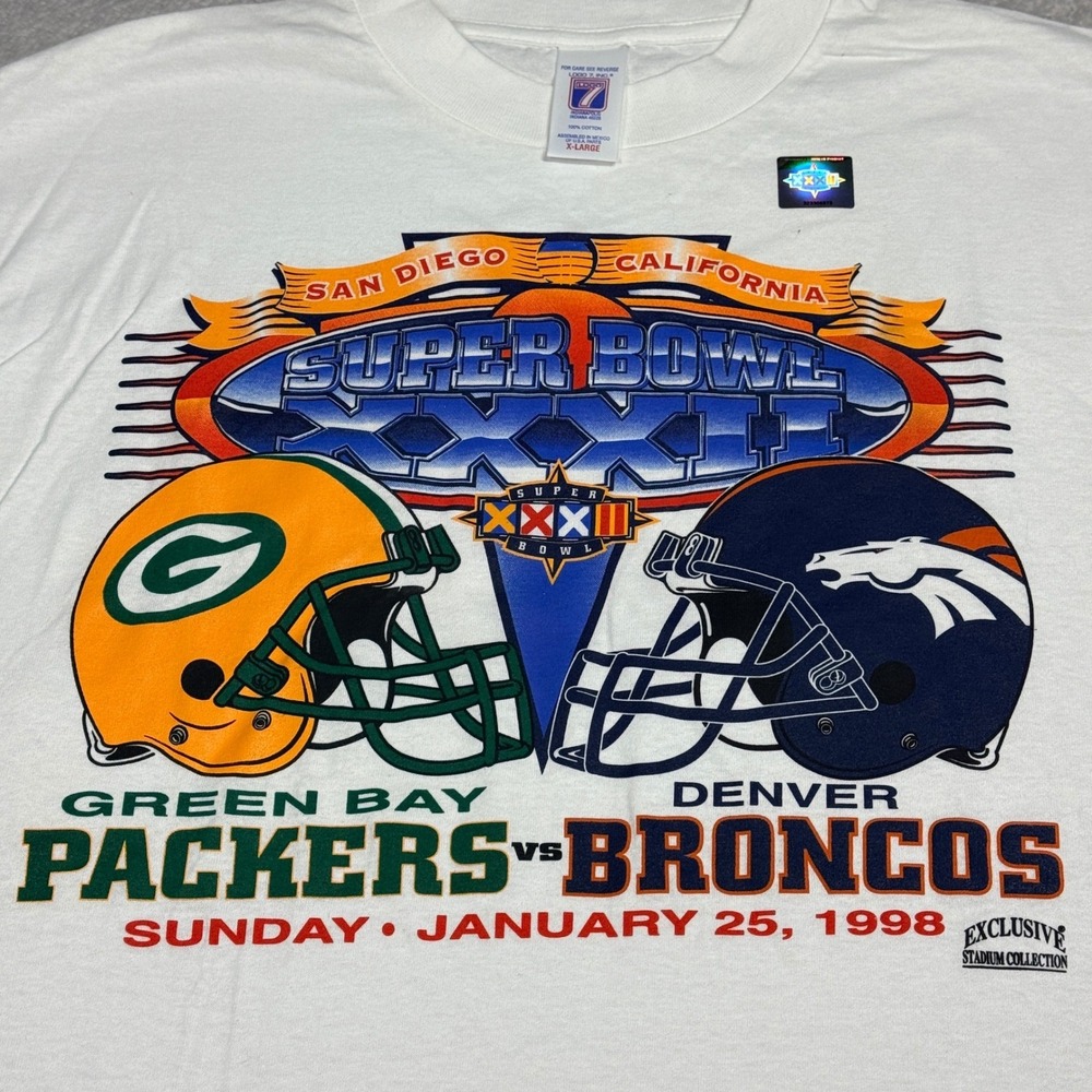 Logo 7 Super Bowl XXXII T-Shirt Men XL White Vintage 1998 Packers vs Broncos